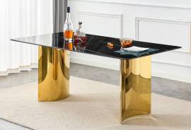 Marble Dining Table for 6-8,71'' Modern Dining Table with 0.39'' Thick Glass Tabletop and Chrome-Plated Stainless Steel Base,Gold Dinner Table Ideal for Kitchen Home Office