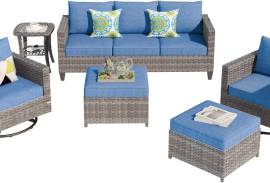 ovios Patio Furniture Set, 6 Piece Outdoor Wicker Sofa with Swivel Rocking Chairs and Comfy Cushions, High Back Rattan Couch Conversation Set, Denim Blue