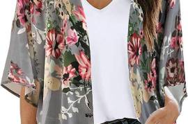 Women's Floral Print Puff Sleeve Kimono Cardigan Loose Cover Up Casual Blouse Tops